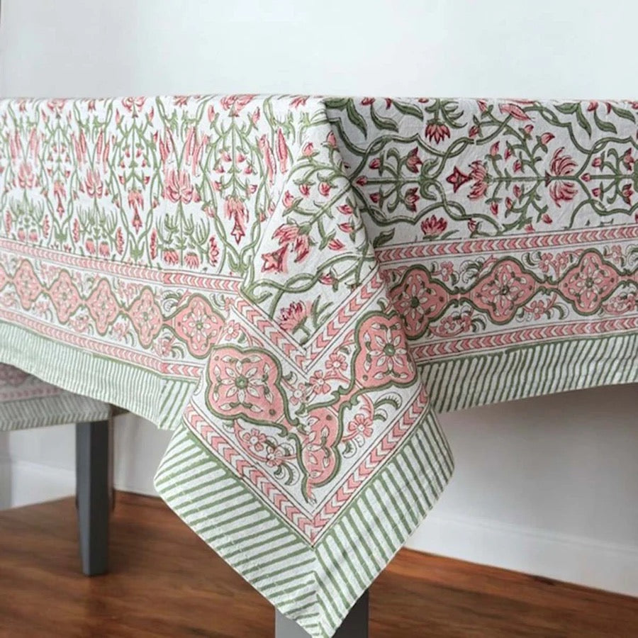 PRETTY PINK/GREEN BLOCK PRINTED TABLECLOTH