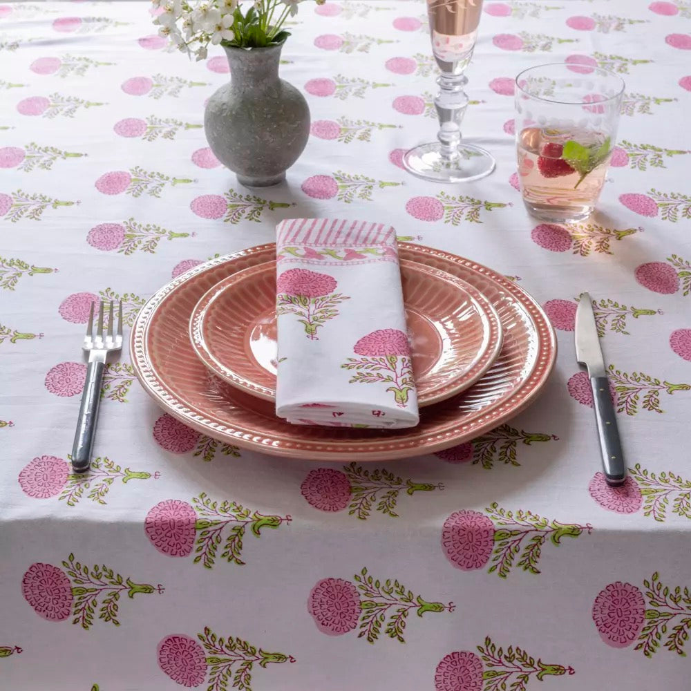 Raspberry Cotton Hand Block Print Tablecloth