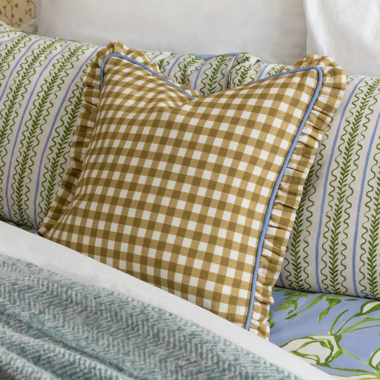 Maude Gingham Reversible Piped Cushion - 4 Colours