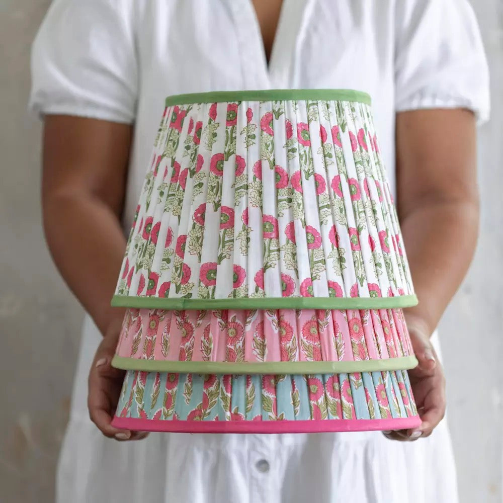 Lampshade Pleated Natural with Green Trim - 2 Sizes