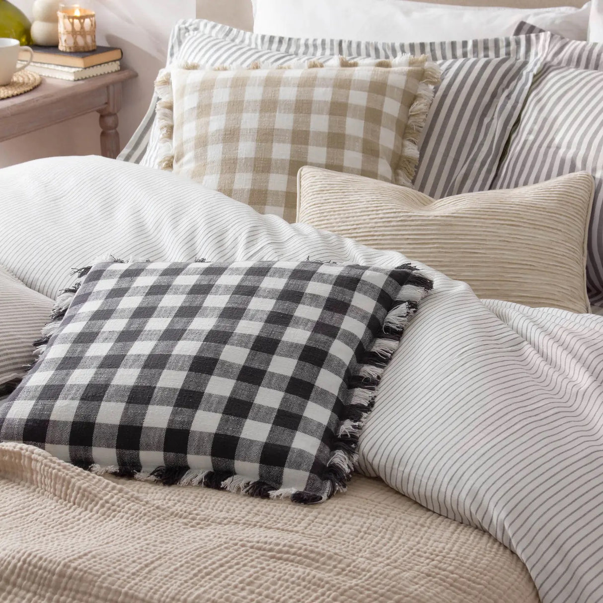 Barton Check Fringed Cushion Natural