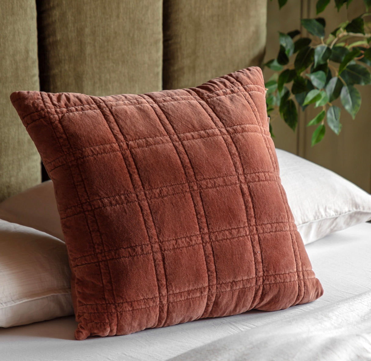 Cotton Velvet Quilted Cushion - Rust/Olive