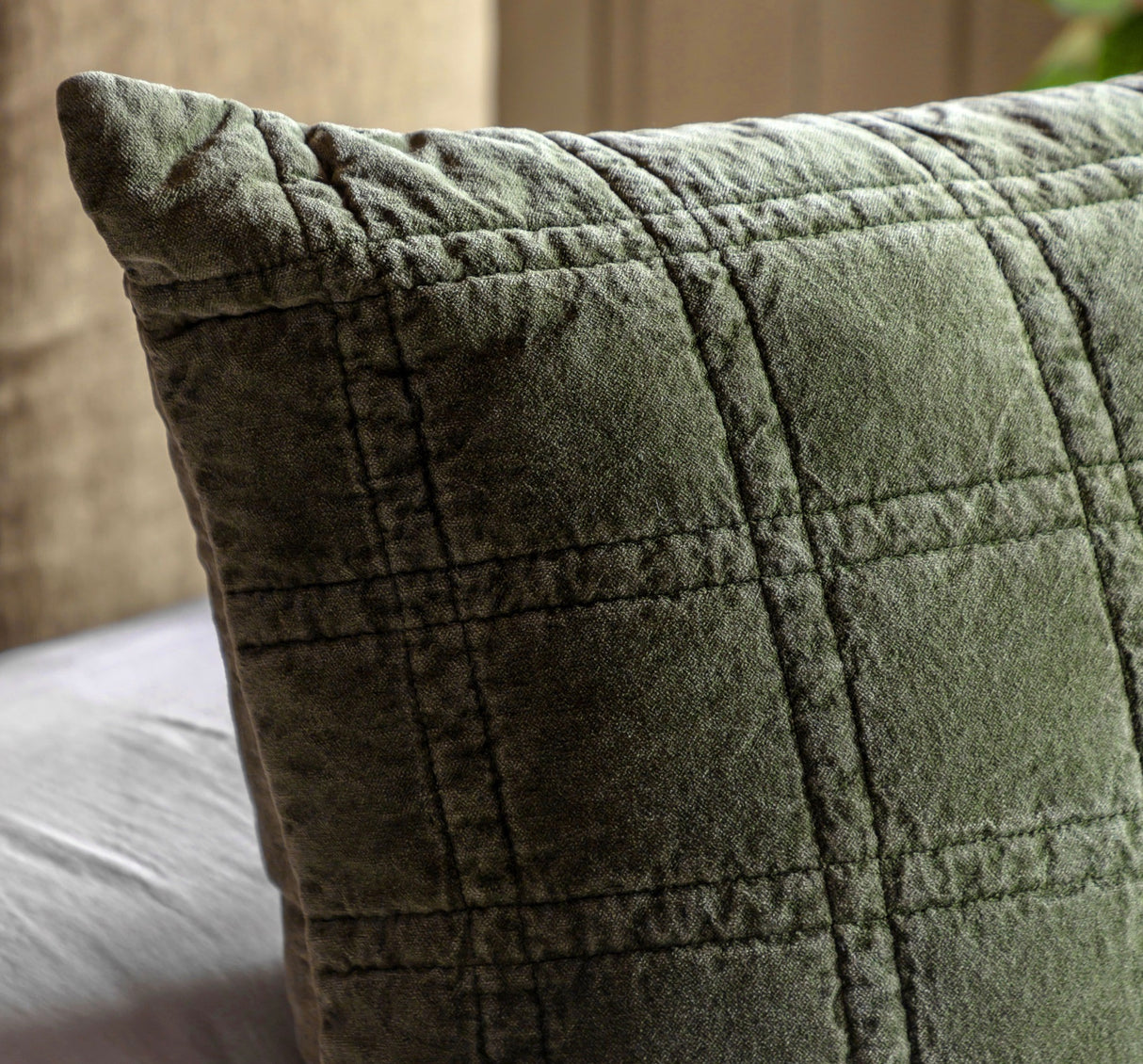 Cotton Velvet Quilted Cushion - Rust/Olive