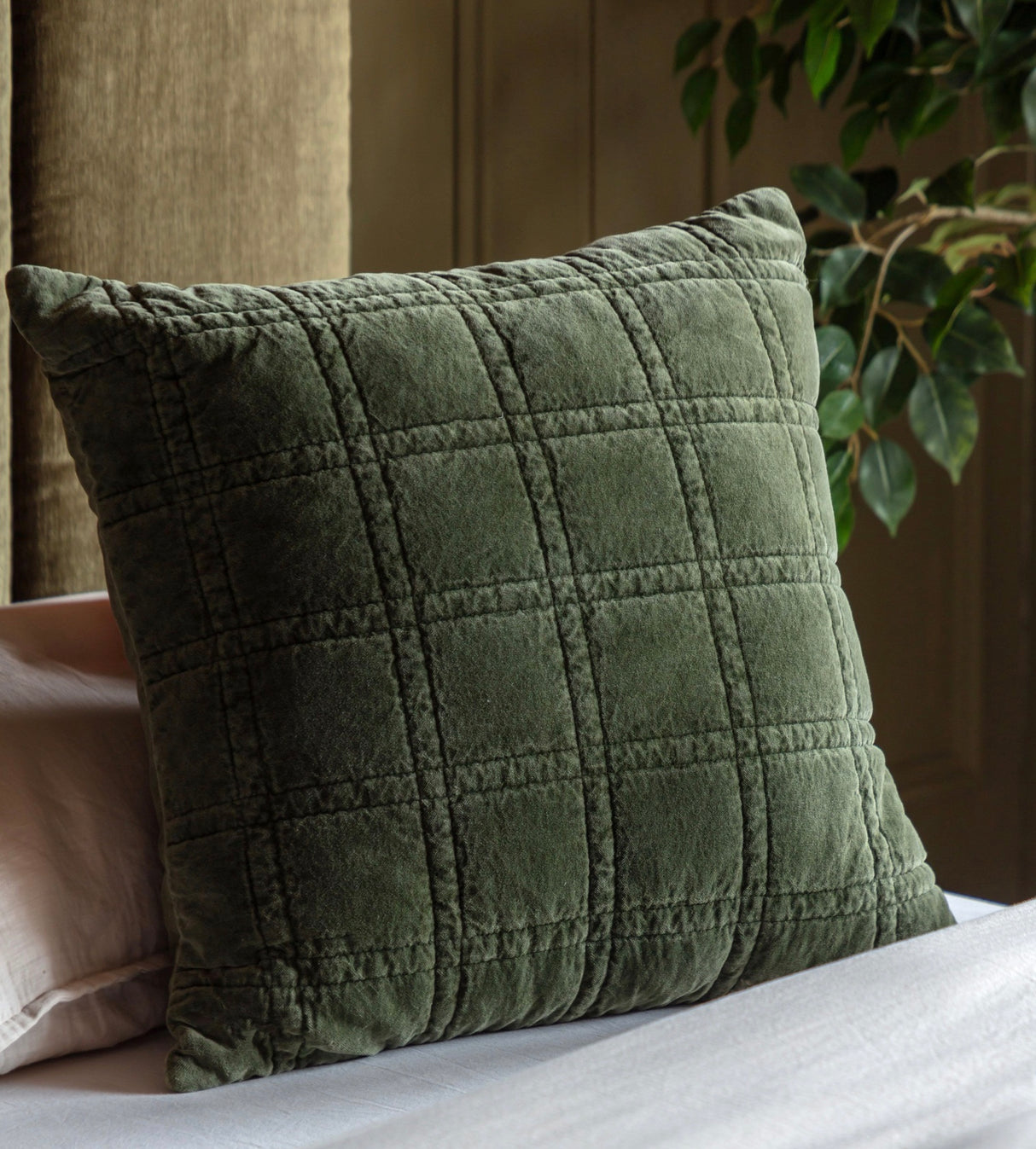 Cotton Velvet Quilted Cushion - Rust/Olive