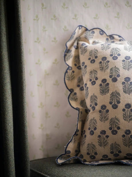 Scallop Blockprint Cushion - Denim