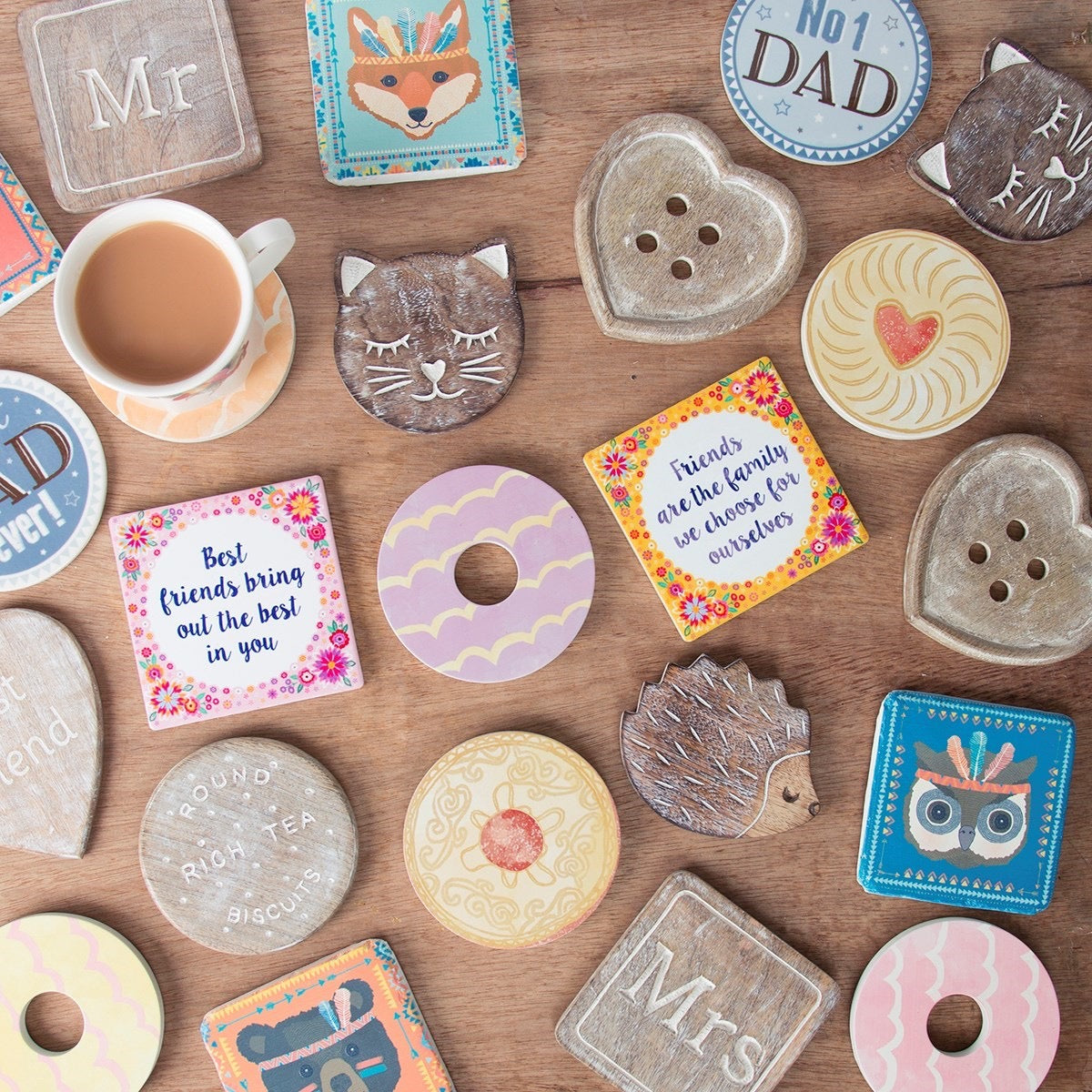 Wooden Brown Heart Coasters - Set Of 6