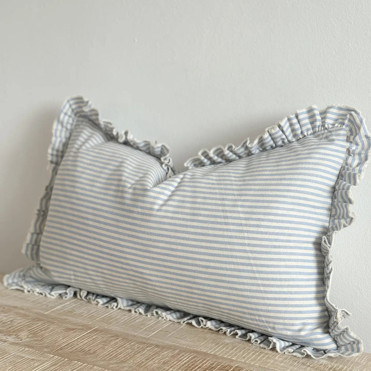 Darcy Ruffle Cotton Cushion 50x30cm – Pale Blue Stripe