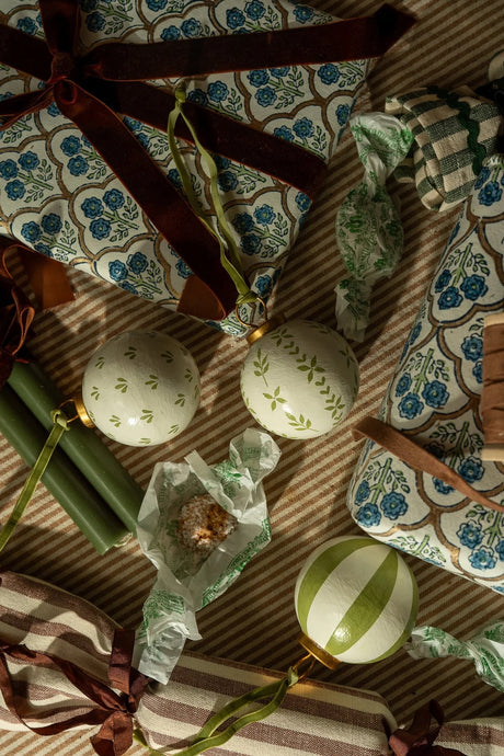 Hand-Painted Baubles with Velvet Ribbon - Berry/Green - Set of 3