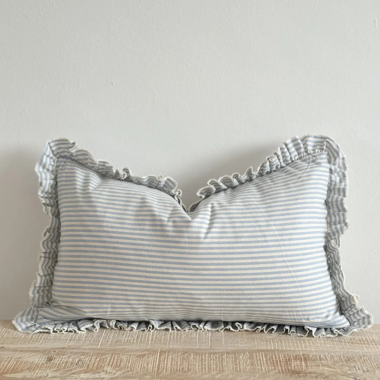 Darcy Ruffle Cotton Cushion 50x30cm – Pale Blue Stripe
