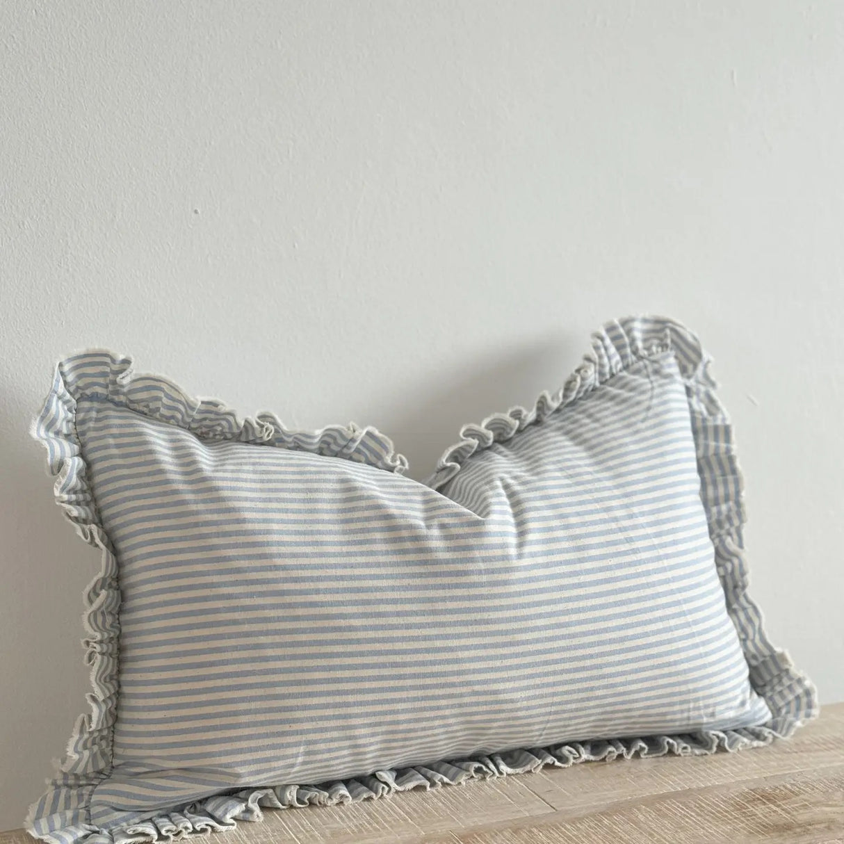 Darcy Ruffle Cotton Cushion 50x30cm – Pale Blue Stripe