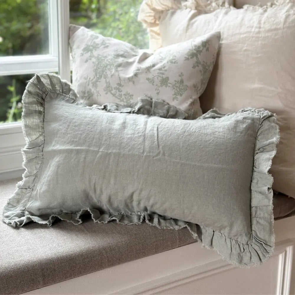 Hallie Ruffled Linen Cushion Cover 30x50cm – Dusty Sage