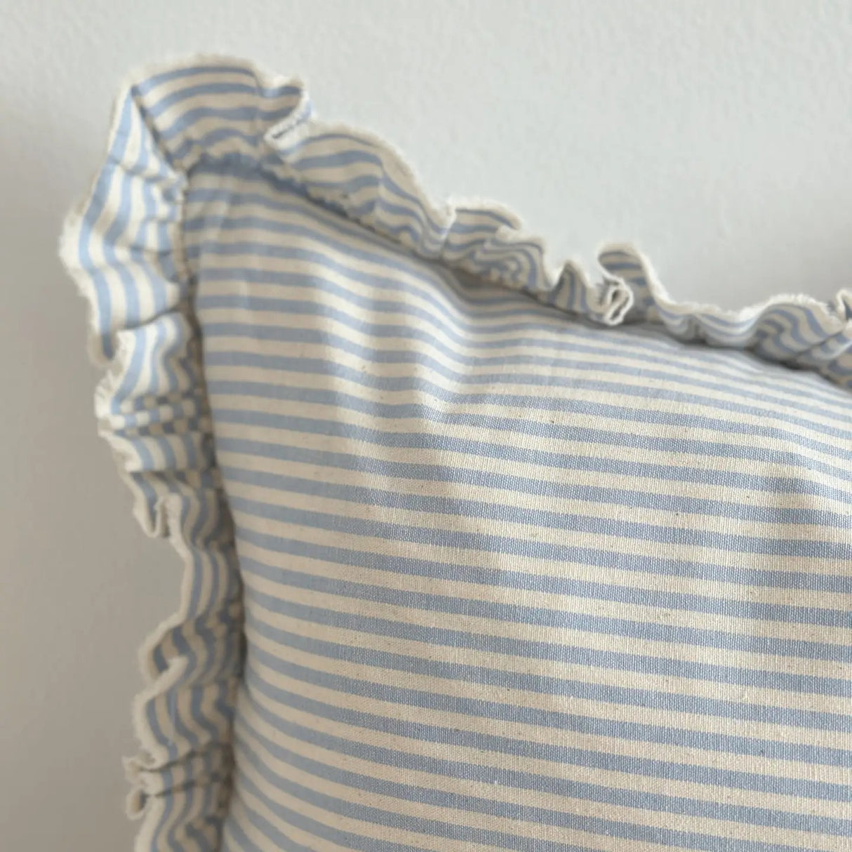 Darcy Ruffle Cotton Cushion 50x30cm – Pale Blue Stripe