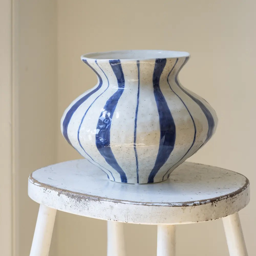 Fluted Neck Vase Blue Stripe