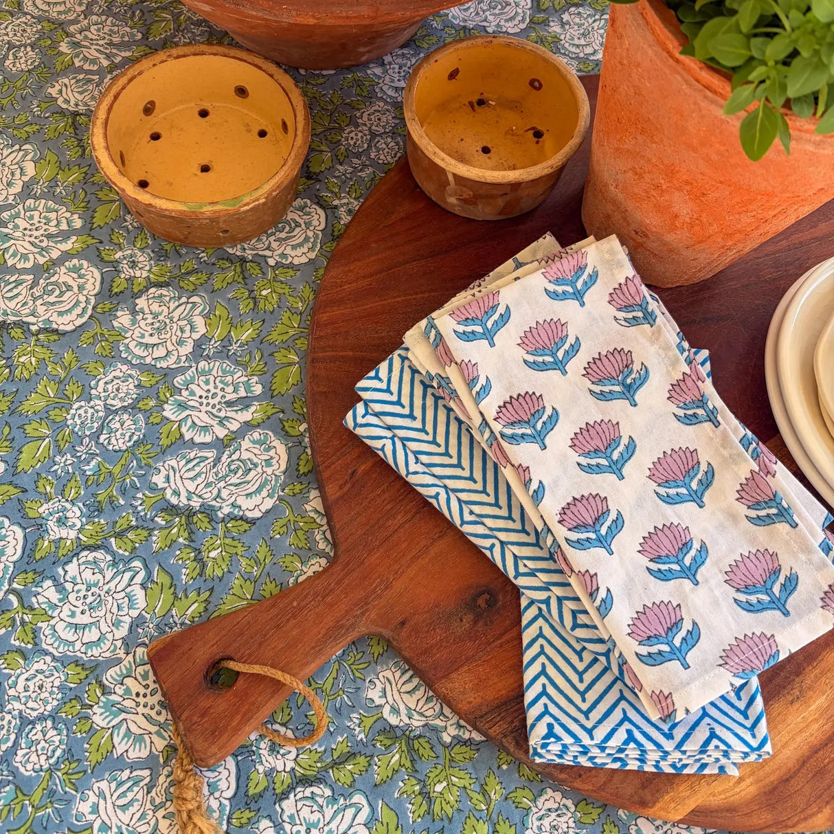 IN BLOOM BLUE hand block printed tablecloth - 2 sizes