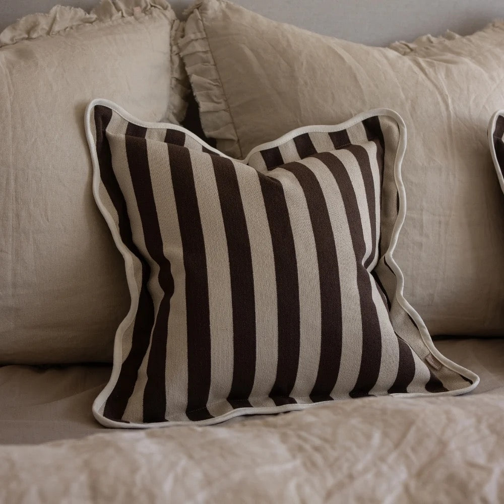 Chloe Dark Brown Stripe Scalloped Edge Cushion 45x45cm