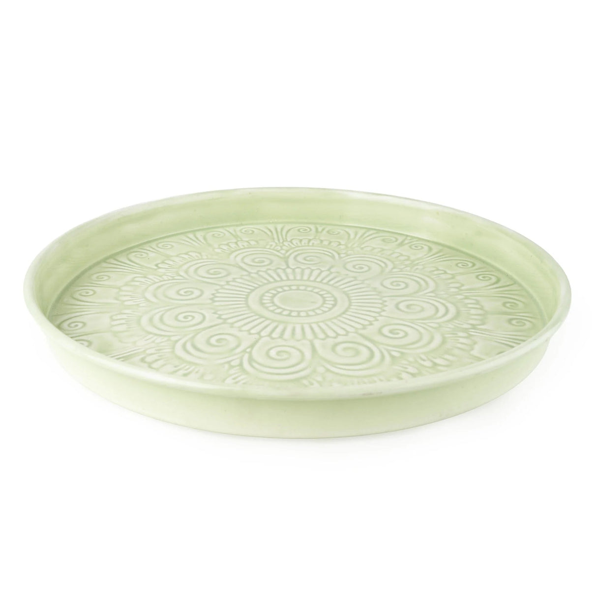 32cm Round Metal embossed enamel Tray - Pale Green
