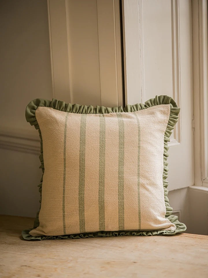 The Rustic Stripe Ruffle Cushion - Sage - 2 sizes