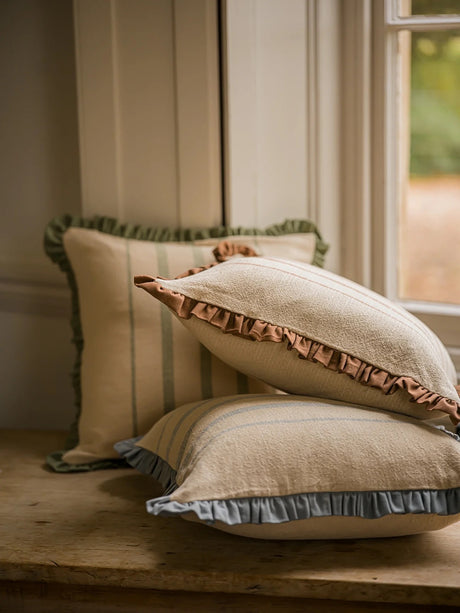 The Rustic Stripe Ruffle Cushion - Sage - 2 sizes