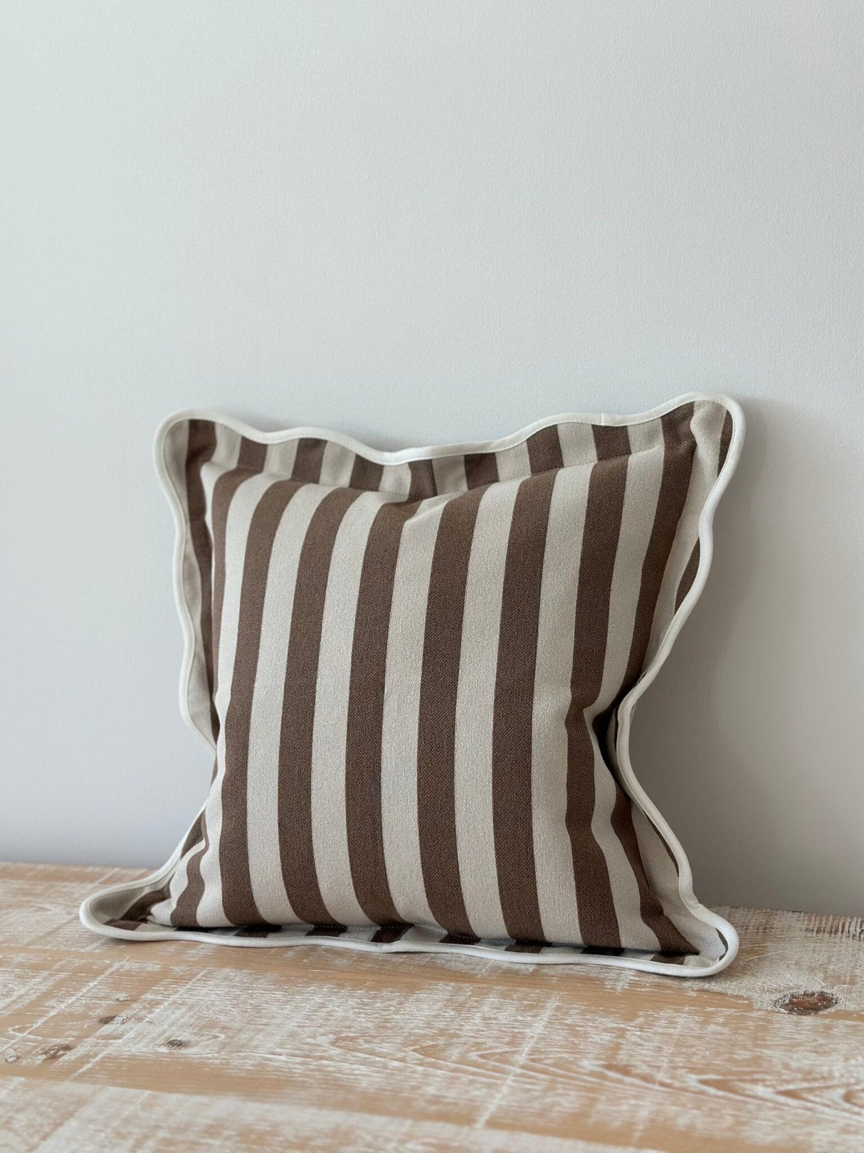 Chloe Brown Stripe Scalloped Edge Cushion