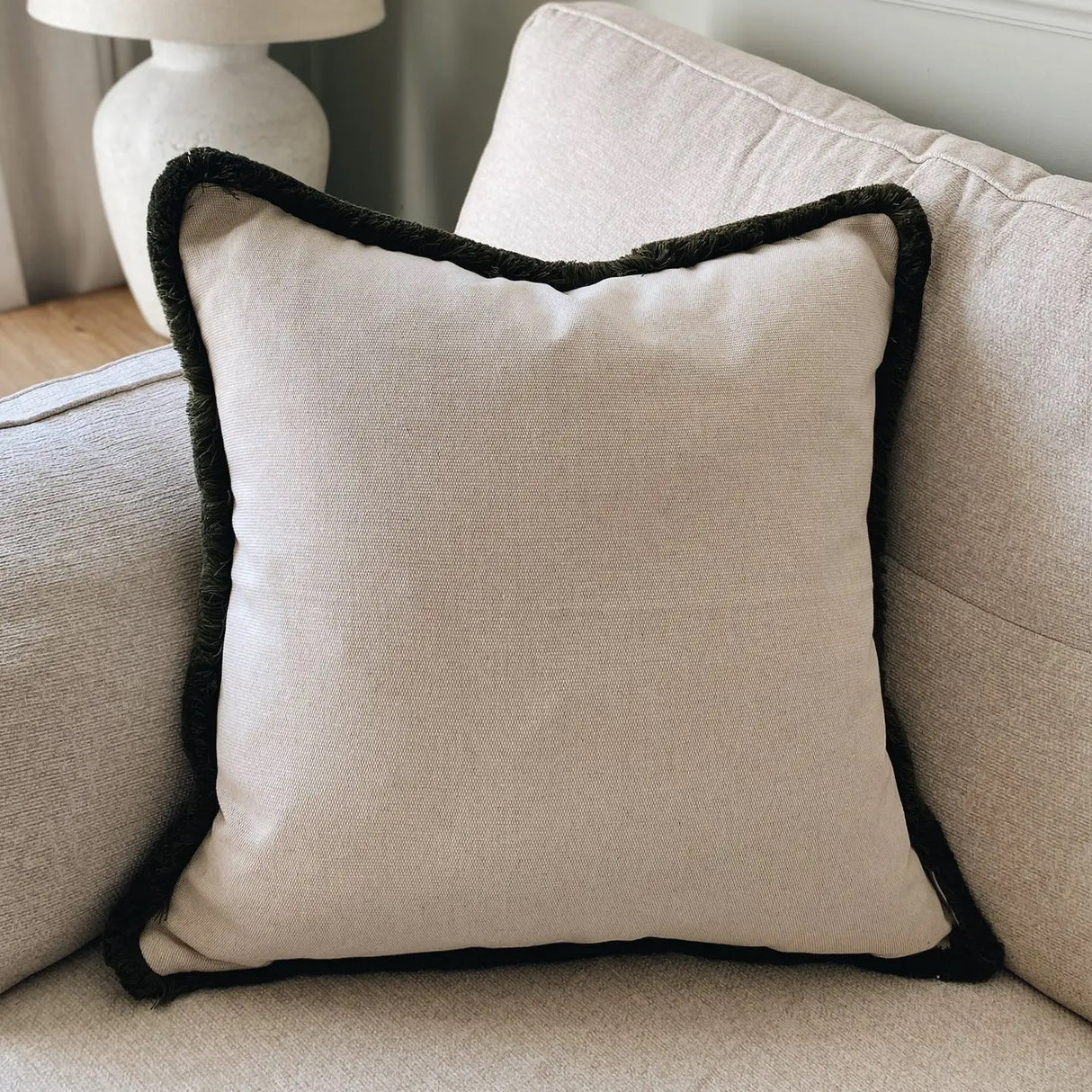 The Hazel Cream Neutral Woven Moss Fringed Cushion