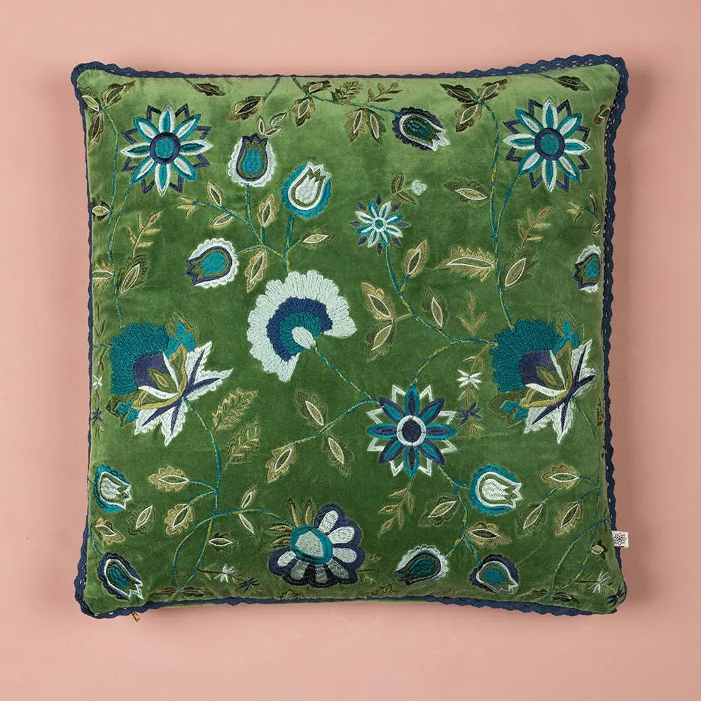 Blue on Green Velvet Floral Embroidered Cushion Cover