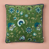 Blue on Green Velvet Floral Embroidered Cushion Cover