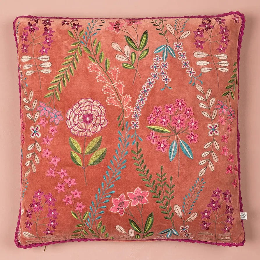 Dusty Rose Velvet Flower Embroidered Cushion Cover