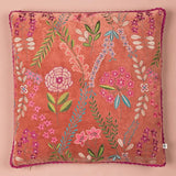 Dusty Rose Velvet Flower Embroidered Cushion Cover