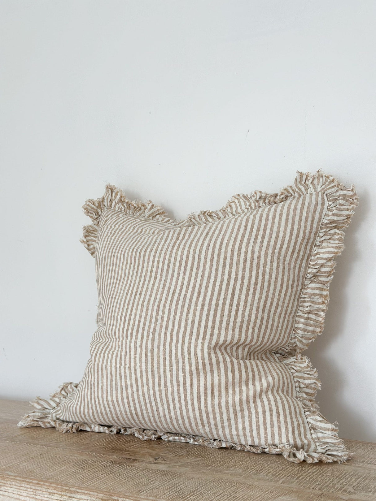 Hallie Light Brown Stripe Ruffle Cushion  2 sizes