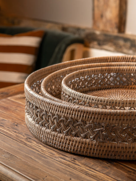 Round detailed Rattan Trays - 3 sizes