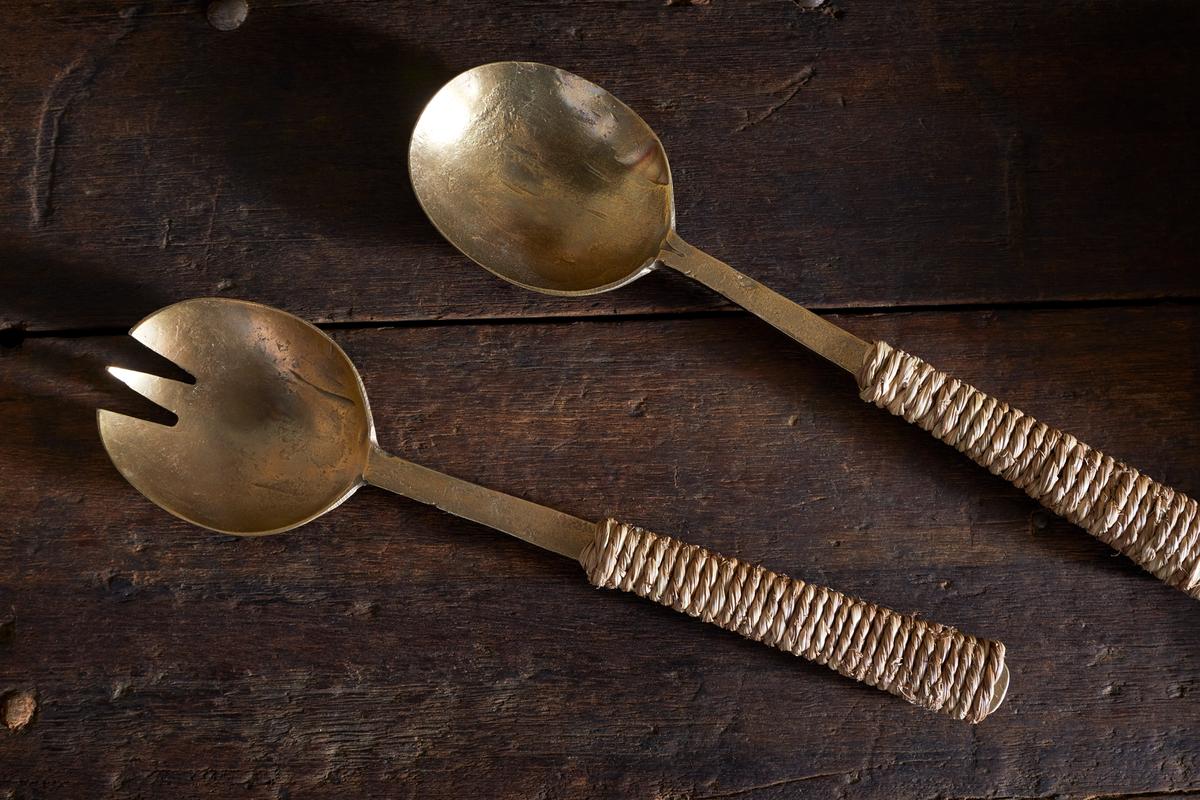 Abani Salad Servers - Antique Brass - NKUKU