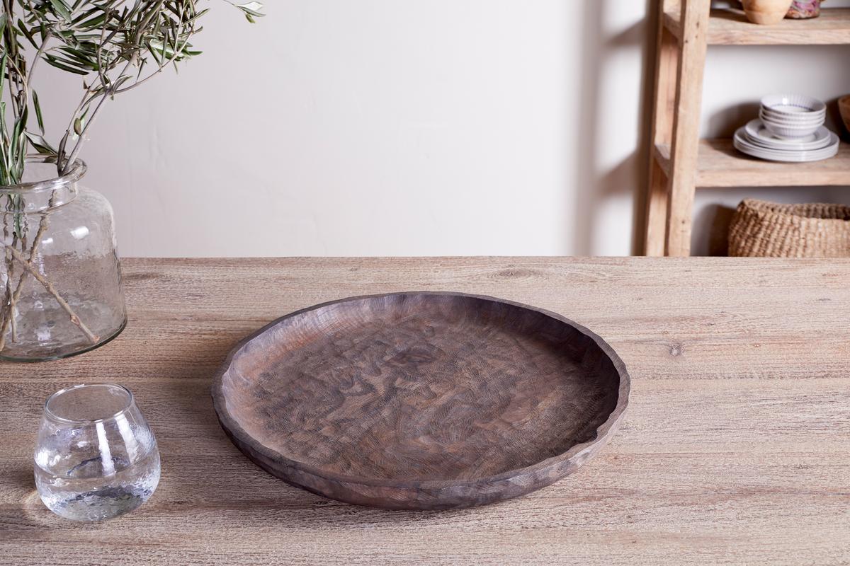 NKUKU - Nyati Mango Wood Etched Round Tray - Dark