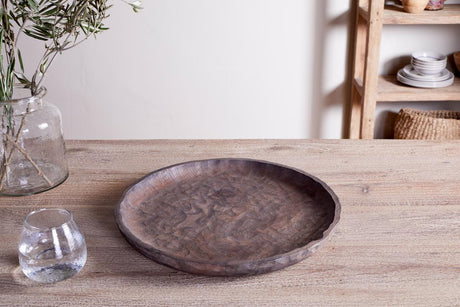 NKUKU - Nyati Mango Wood Etched Round Tray - Dark