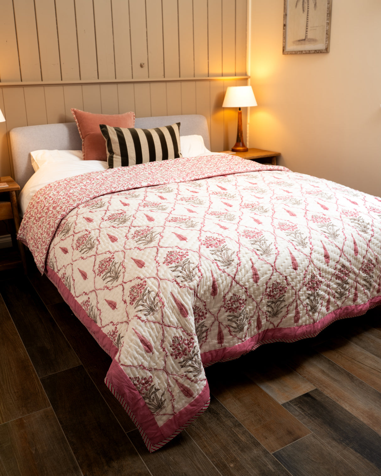 Block print hand made Quilted Bedspread -  Pink