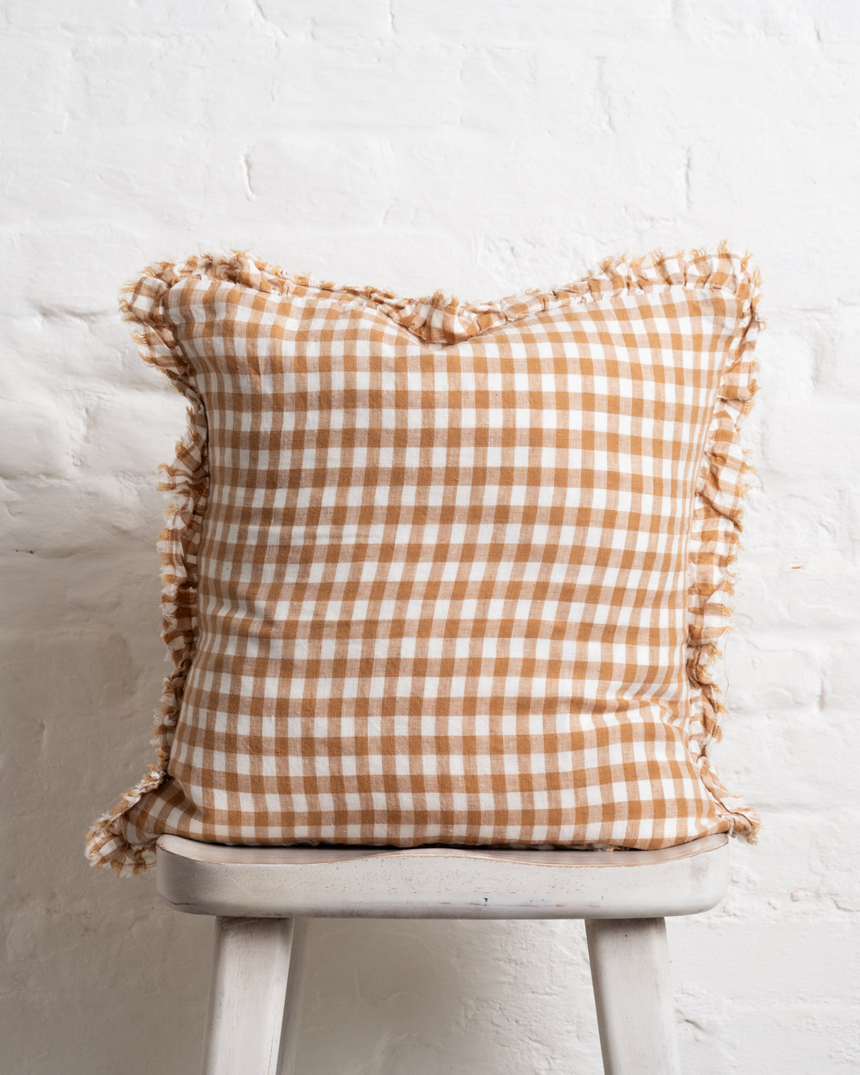 Tilly - Caramel Gingham Linen frilled edge cushion - 2 sizes