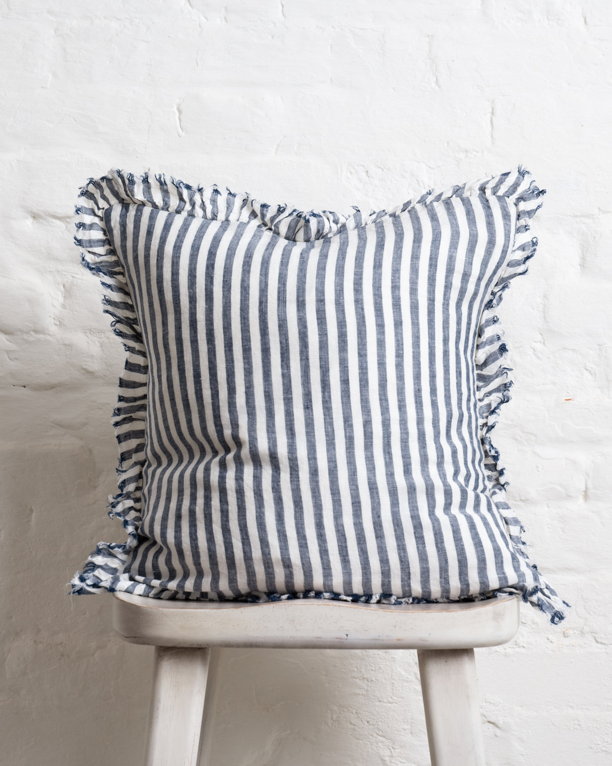Tilly Ruffled Linen Cushion – Navy Blue stripe - 2 sizes