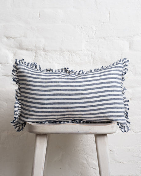 Tilly Ruffled Linen Cushion – Navy Blue stripe - 2 sizes