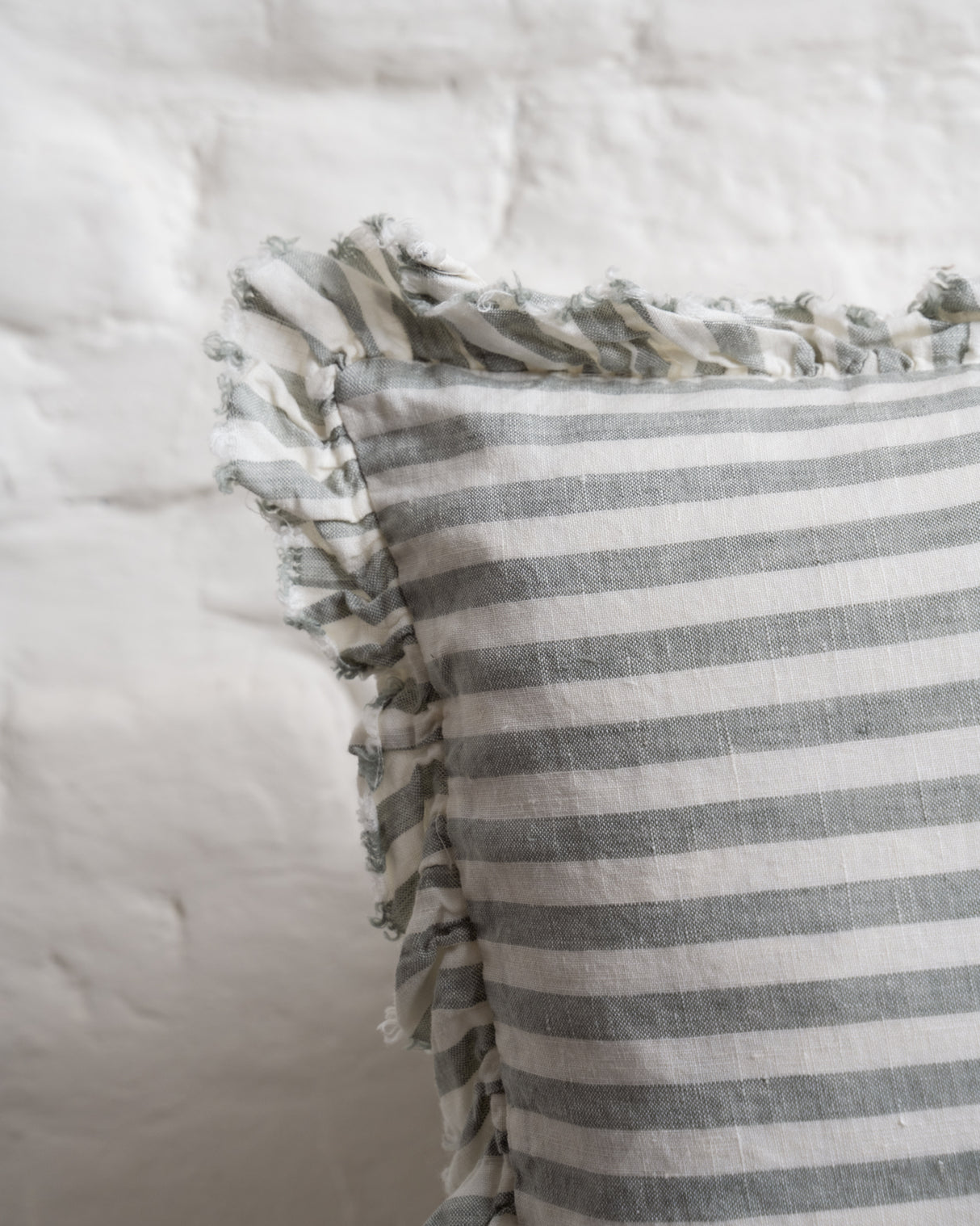 Tilly Ruffled Linen Cushion – Sage stripe - 2 sizes