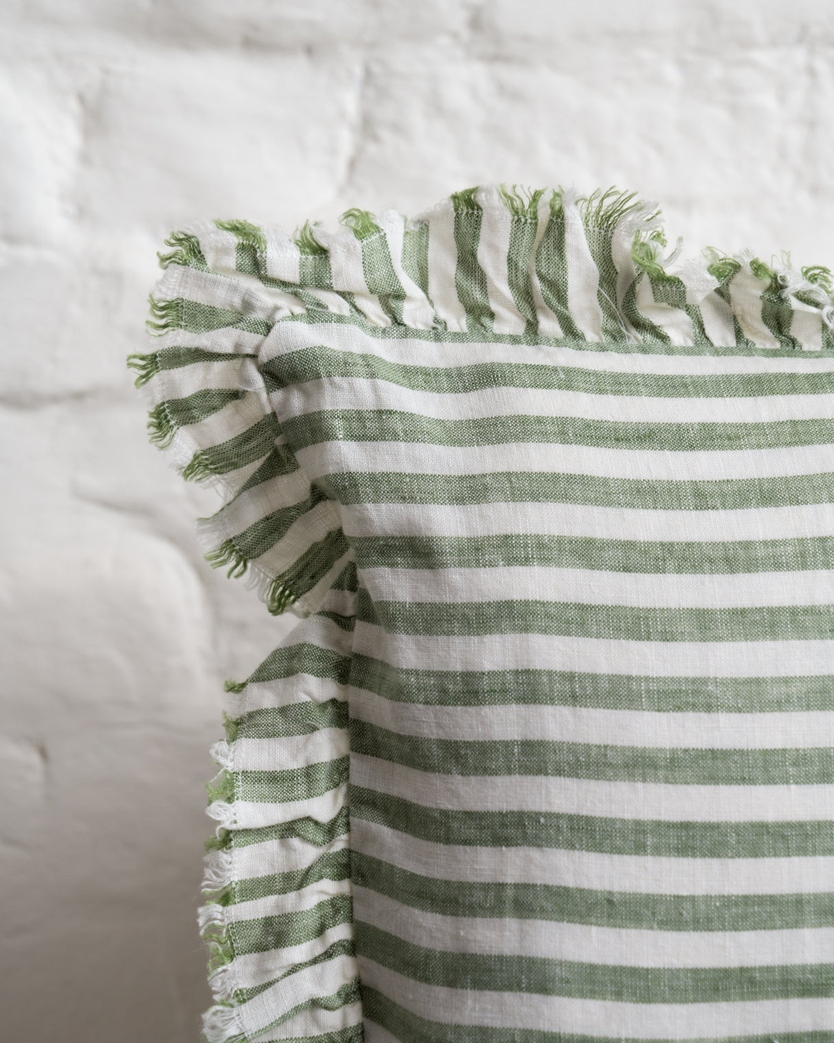 Tilly Ruffled Linen Cushion – Green stripe - 2 sizes