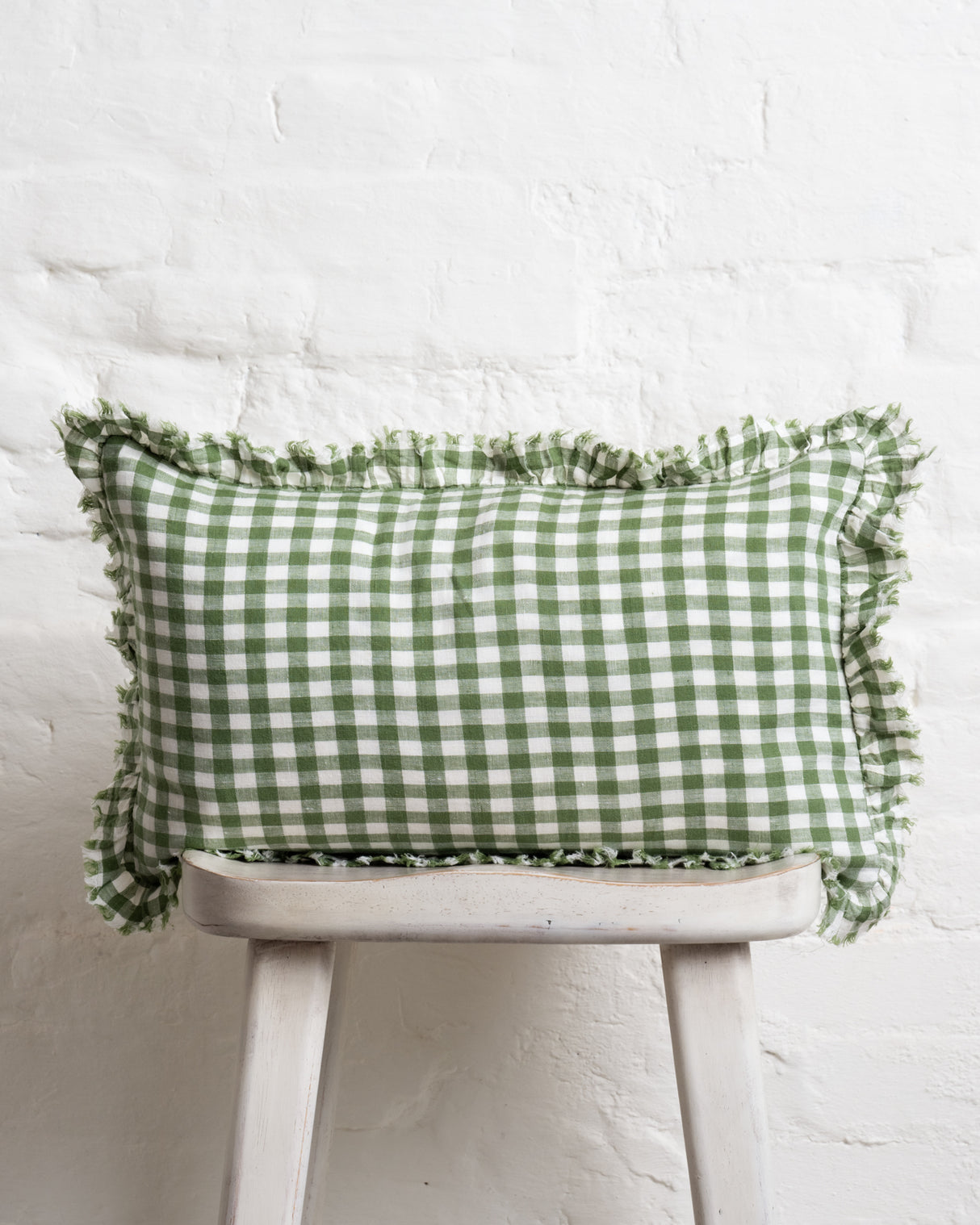 Tilly - Green Gingham Linen frilled edge cushion - 2 sizes