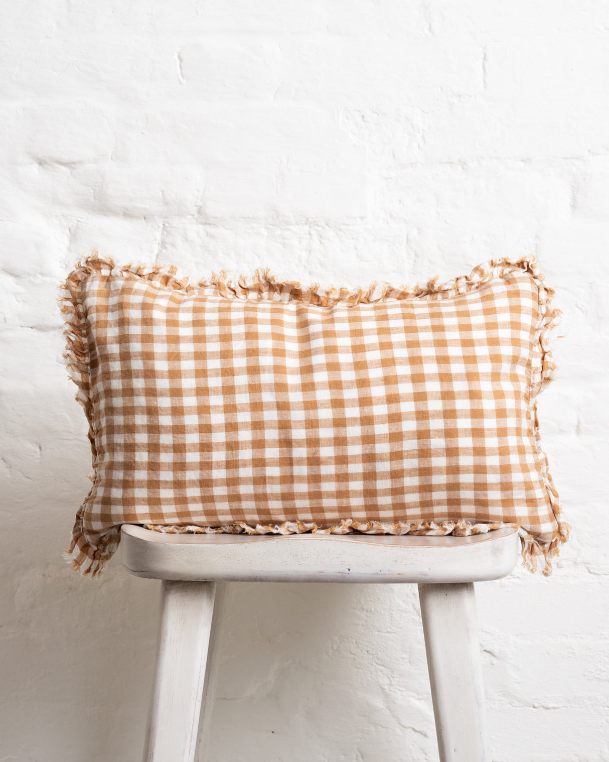 Tilly - Caramel Gingham Linen frilled edge cushion - 2 sizes