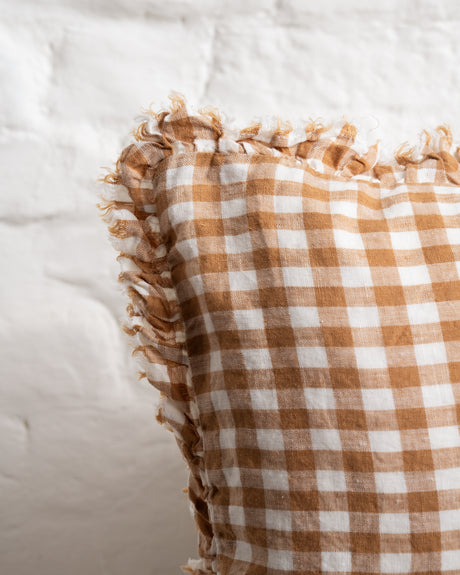 Tilly - Caramel Gingham Linen frilled edge cushion - 2 sizes