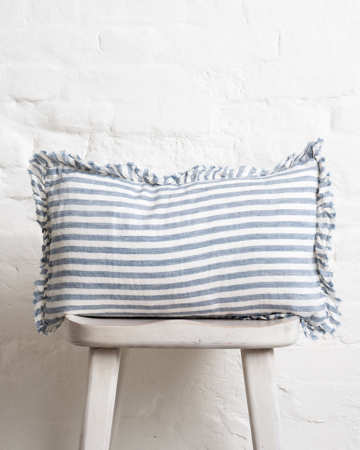 Tilly Ruffled Linen Cushion – Blue stripe - 2 sizes