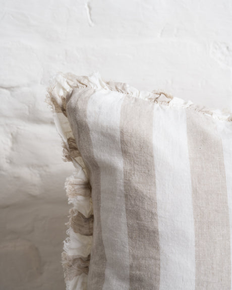 Tilly - Natural wide stripe Linen frilled edge cushion - 2 sizes