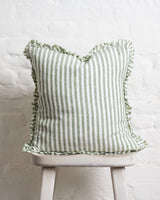 Tilly Ruffled Linen Cushion – Green stripe - 2 sizes