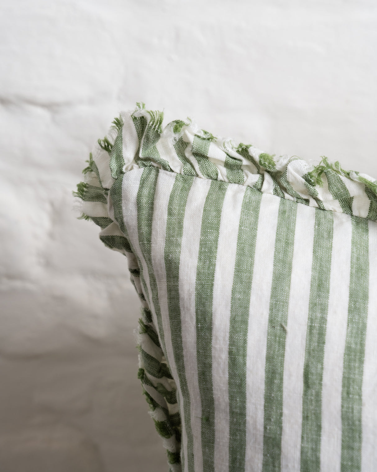 Tilly Ruffled Linen Cushion – Green stripe - 2 sizes