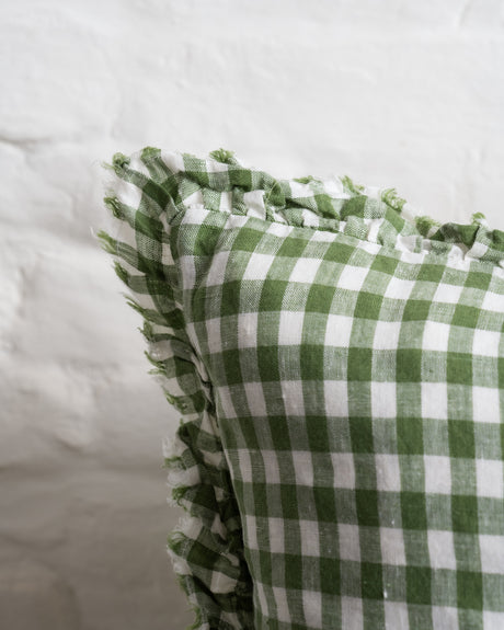 Tilly - Green Gingham Linen frilled edge cushion - 2 sizes