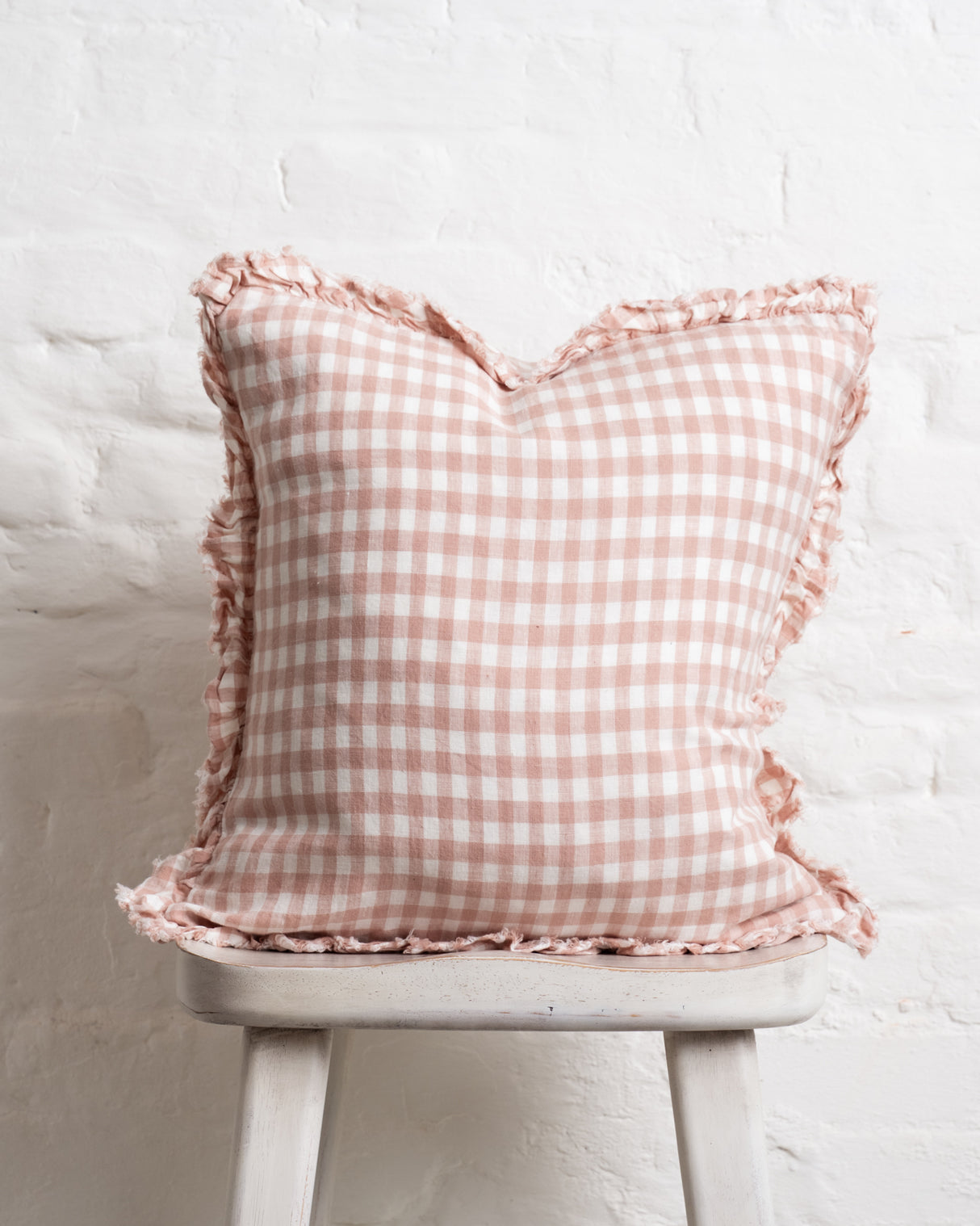 Tilly - pink Gingham Linen frilled edge cushion - 2 sizes