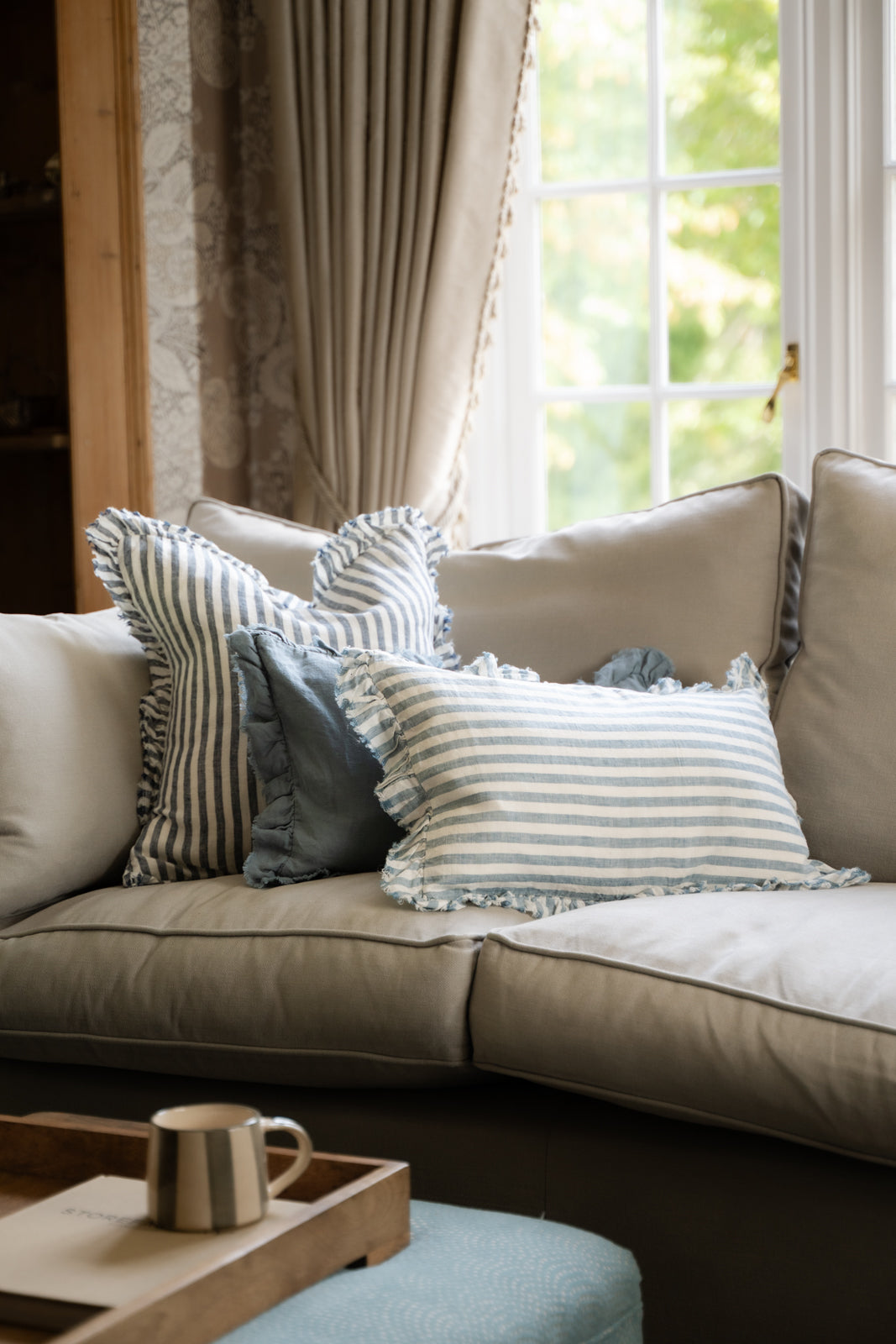 Tilly Ruffled Linen Cushion – Sage stripe - 2 sizes