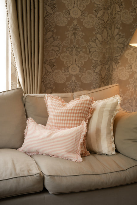 Tilly - Natural wide stripe Linen frilled edge cushion - 2 sizes